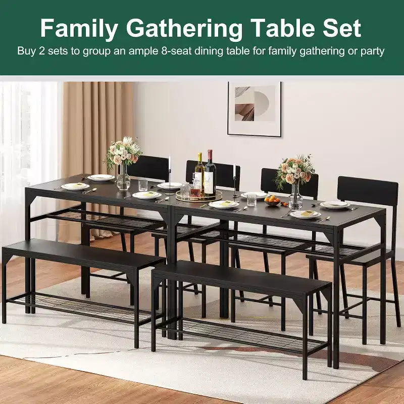 47 Tavolo da Pranzo Moderno Stile Fattoria per 4 Persone, Include Panca e Sedie, Telaio in Metallo con Ripiano Contenitore, Design Salvaspazio per Cucina, Sala da Pranzo