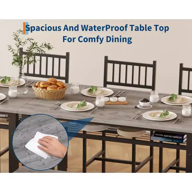 47 Tavolo da Pranzo Moderno Stile Fattoria per 4 Persone, Include Panca e Sedie, Telaio in Metallo con Ripiano Contenitore, Design Salvaspazio per Cucina, Sala da Pranzo