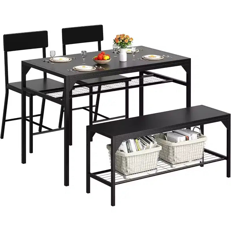 47 Tavolo da Pranzo Moderno Stile Fattoria per 4 Persone, Include Panca e Sedie, Telaio in Metallo con Ripiano Contenitore, Design Salvaspazio per Cucina, Sala da Pranzo