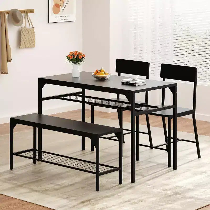 47 Tavolo da Pranzo Moderno Stile Fattoria per 4 Persone, Include Panca e Sedie, Telaio in Metallo con Ripiano Contenitore, Design Salvaspazio per Cucina, Sala da Pranzo