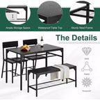 47 Tavolo da Pranzo Moderno Stile Fattoria per 4 Persone, Include Panca e Sedie, Telaio in Metallo con Ripiano Contenitore, Design Salvaspazio per Cucina, Sala da Pranzo