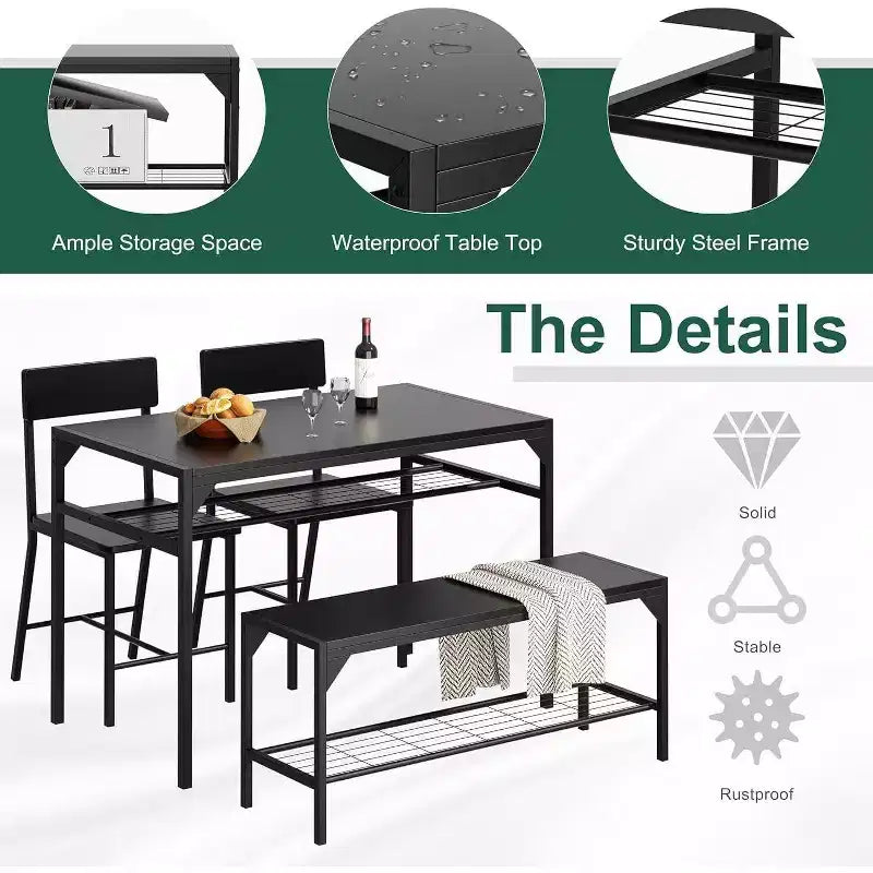 47 Tavolo da Pranzo Moderno Stile Fattoria per 4 Persone, Include Panca e Sedie, Telaio in Metallo con Ripiano Contenitore, Design Salvaspazio per Cucina, Sala da Pranzo