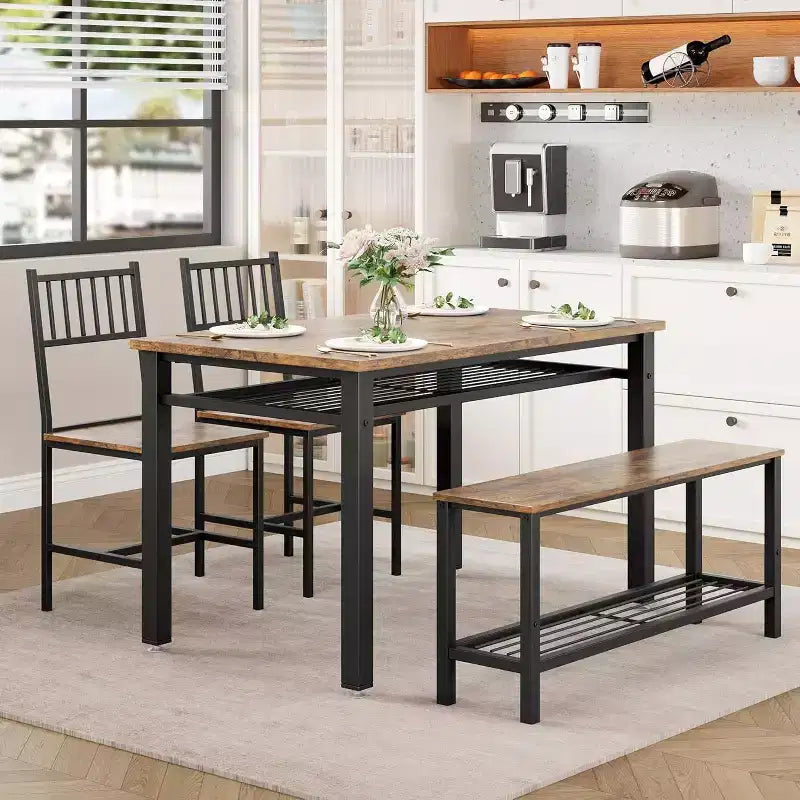 47 Tavolo da Pranzo Moderno Stile Fattoria per 4 Persone, Include Panca e Sedie, Telaio in Metallo con Ripiano Contenitore, Design Salvaspazio per Cucina, Sala da Pranzo