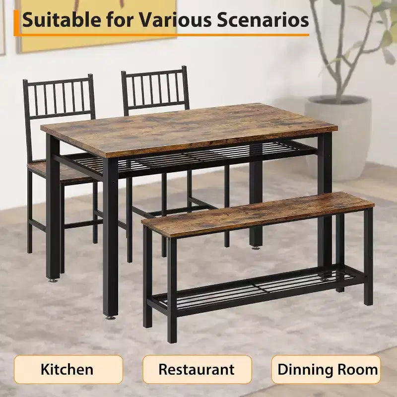 47 Tavolo da Pranzo Moderno Stile Fattoria per 4 Persone, Include Panca e Sedie, Telaio in Metallo con Ripiano Contenitore, Design Salvaspazio per Cucina, Sala da Pranzo