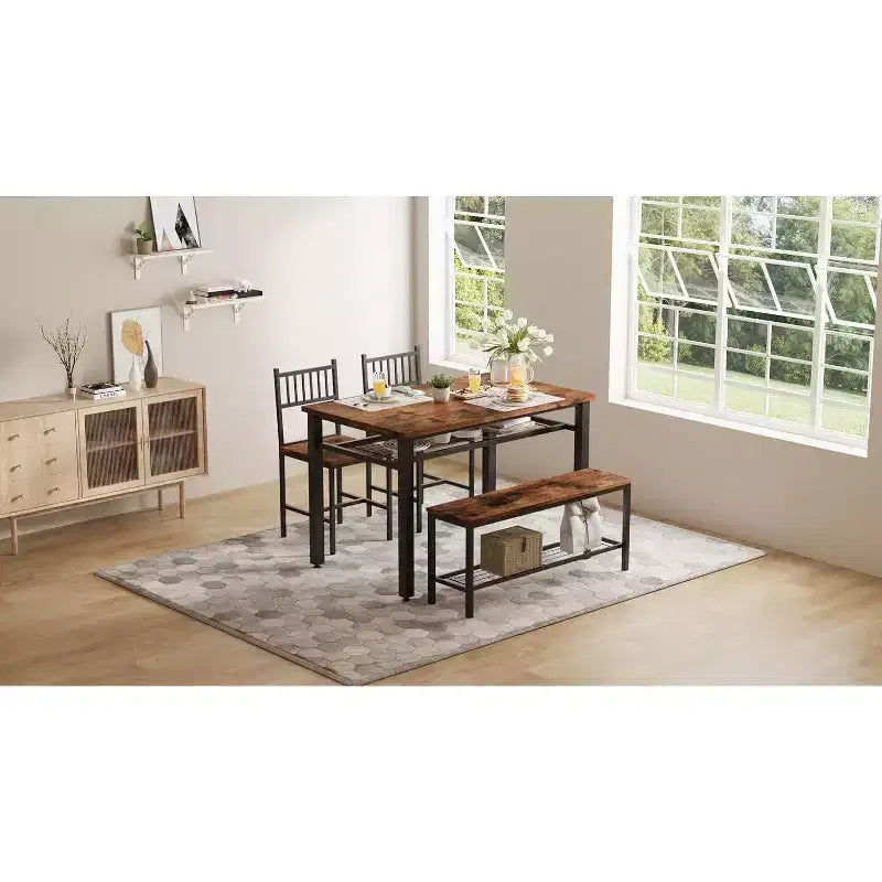 47 Tavolo da Pranzo Moderno Stile Fattoria per 4 Persone, Include Panca e Sedie, Telaio in Metallo con Ripiano Contenitore, Design Salvaspazio per Cucina, Sala da Pranzo