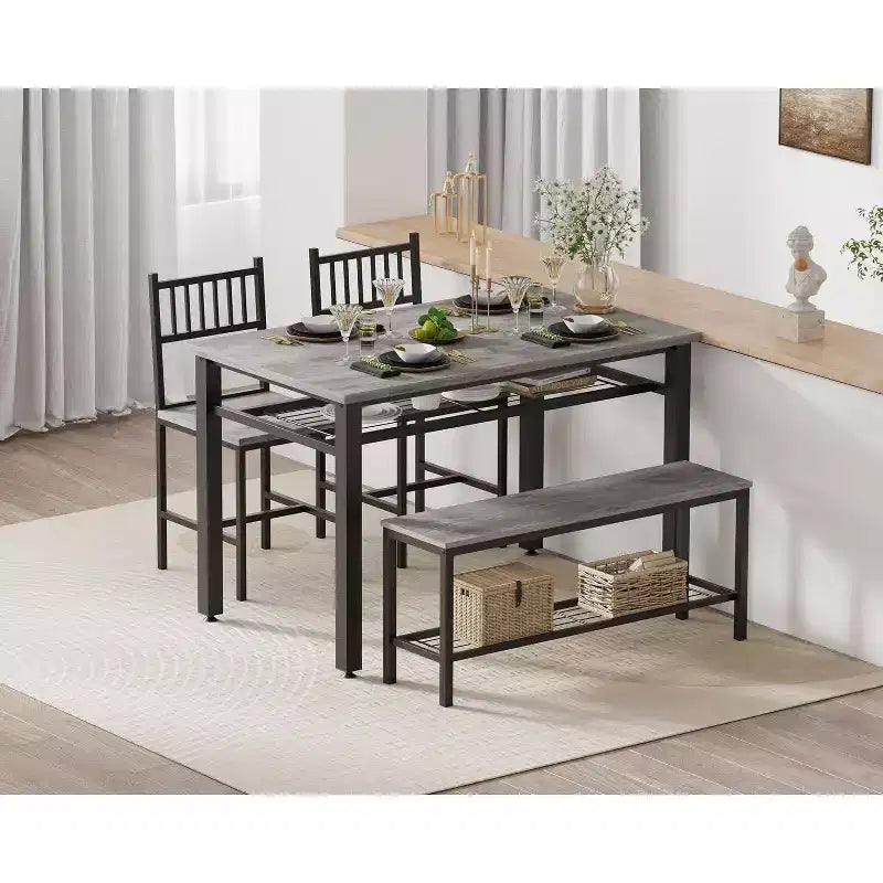 47 Tavolo da Pranzo Moderno Stile Fattoria per 4 Persone, Include Panca e Sedie, Telaio in Metallo con Ripiano Contenitore, Design Salvaspazio per Cucina, Sala da Pranzo