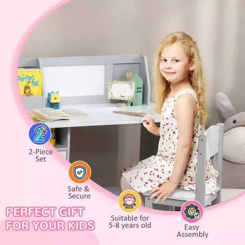 Scrivania e sedia per bambini e neonati, Scrivania da studio per bambini, Mobili per bambini con lavagna - Grigio