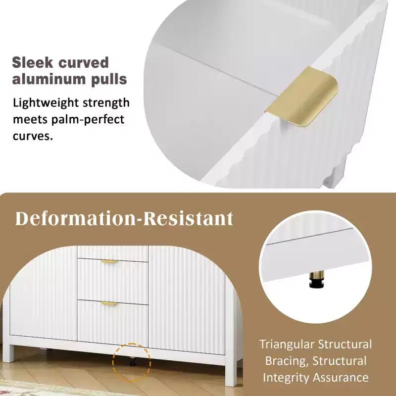 Credenza con design a onda - 3 ripiani regolabili, 3 cassetti e ante con chiusura ammortizzata, consolle con maniglie in metallo