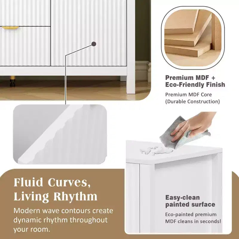 Credenza con design a onda - 3 ripiani regolabili, 3 cassetti e ante con chiusura ammortizzata, consolle con maniglie in metallo