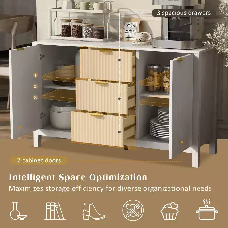 Credenza con design a onda - 3 ripiani regolabili, 3 cassetti e ante con chiusura ammortizzata, consolle con maniglie in metallo