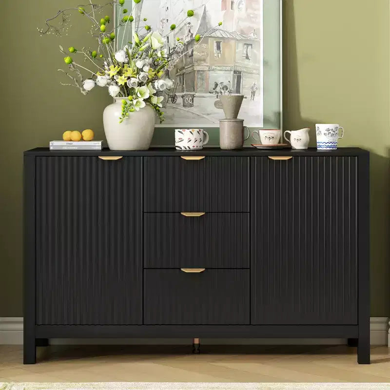Credenza con design a onda - 3 ripiani regolabili, 3 cassetti e ante con chiusura ammortizzata, consolle con maniglie in metallo