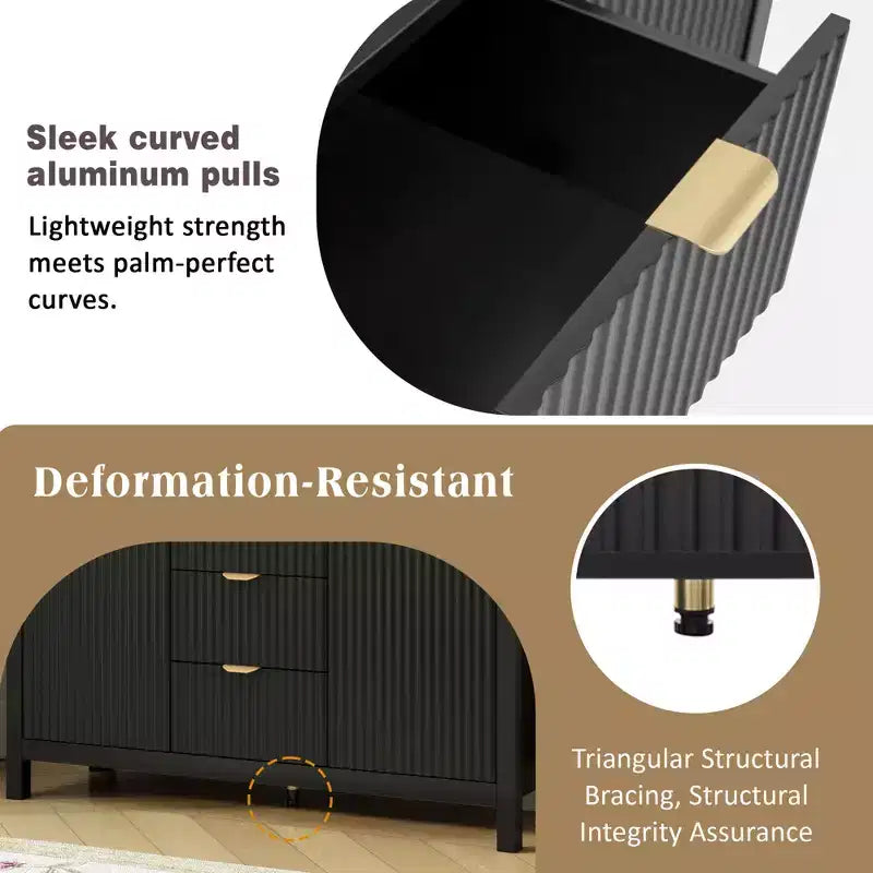 Credenza con design a onda - 3 ripiani regolabili, 3 cassetti e ante con chiusura ammortizzata, consolle con maniglie in metallo