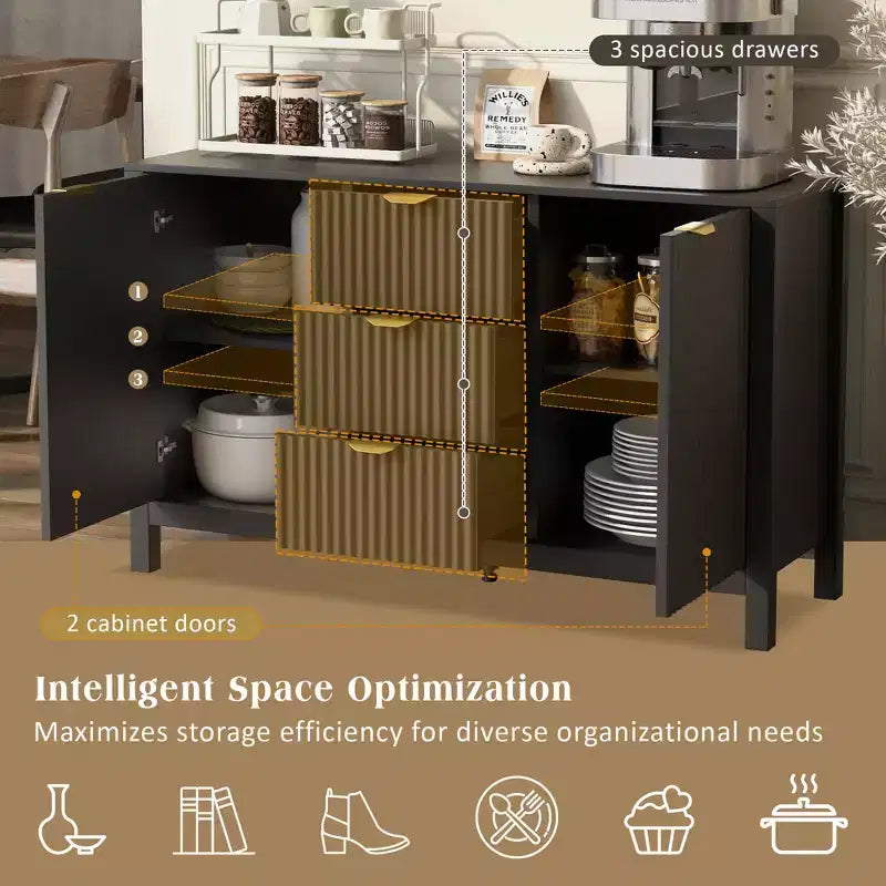 Credenza con design a onda - 3 ripiani regolabili, 3 cassetti e ante con chiusura ammortizzata, consolle con maniglie in metallo