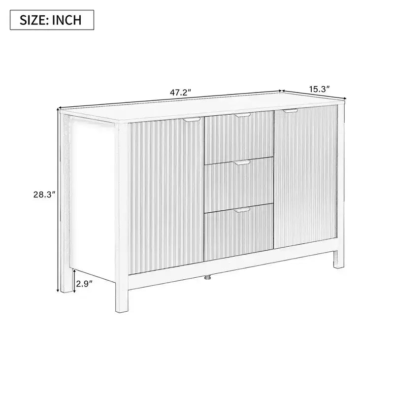 Credenza con design a onda - 3 ripiani regolabili, 3 cassetti e ante con chiusura ammortizzata, consolle con maniglie in metallo