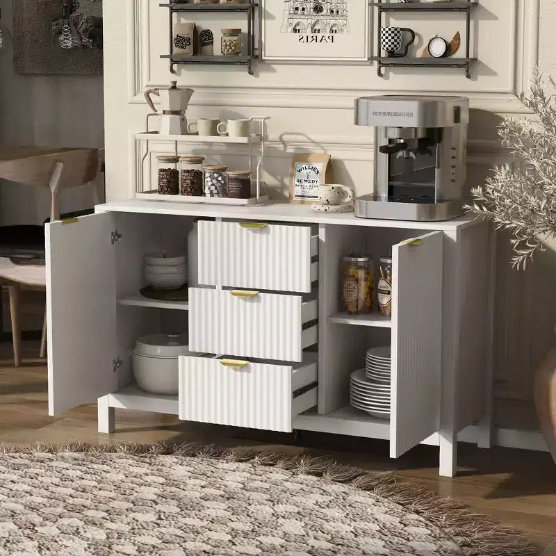 Credenza con design a onda - 3 ripiani regolabili, 3 cassetti e ante con chiusura ammortizzata, consolle con maniglie in metallo