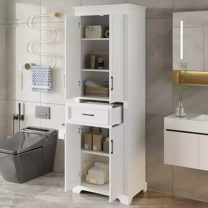 Mobiletto da bagno autoportante con cassetto, ripiani regolabili, ante con cerniere ammortizzate, finitura verniciata resistente, bianco