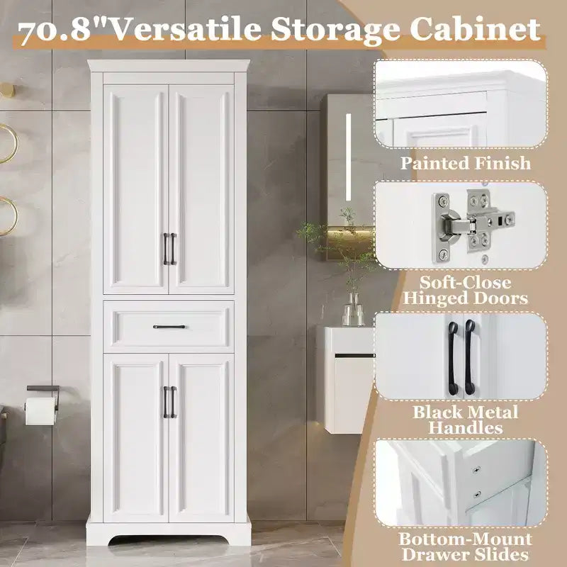 Mobiletto da bagno autoportante con cassetto, ripiani regolabili, ante con cerniere ammortizzate, finitura verniciata resistente, bianco