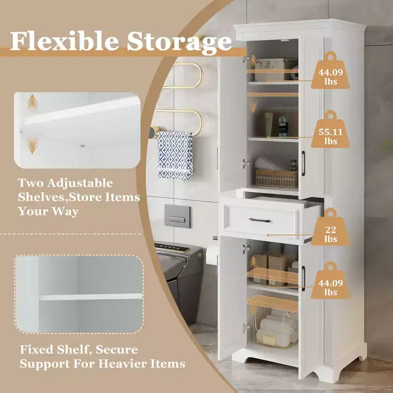 Mobiletto da bagno autoportante con cassetto, ripiani regolabili, ante con cerniere ammortizzate, finitura verniciata resistente, bianco