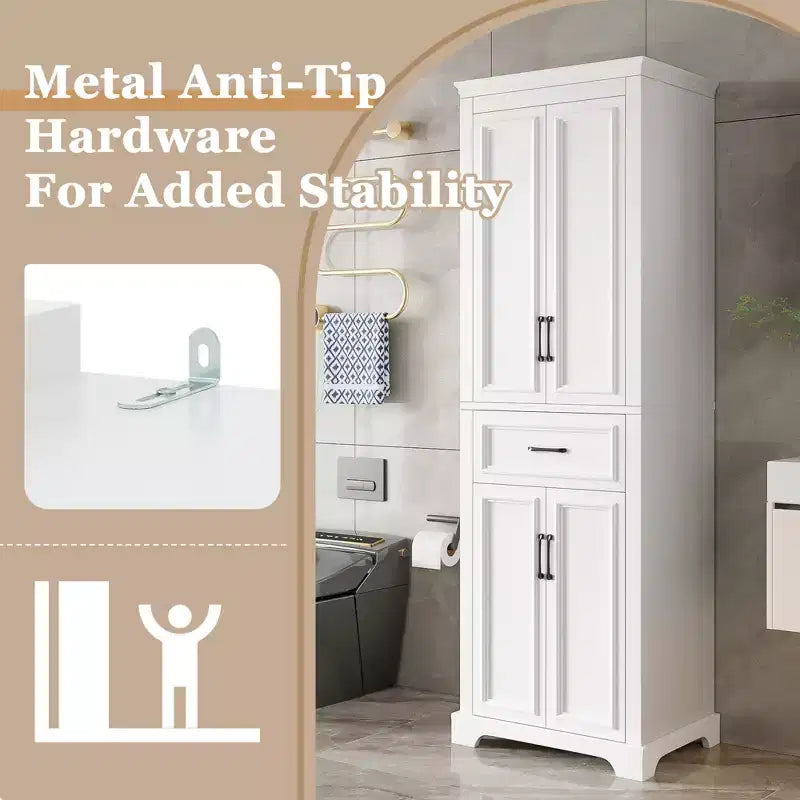 Mobiletto da bagno autoportante con cassetto, ripiani regolabili, ante con cerniere ammortizzate, finitura verniciata resistente, bianco