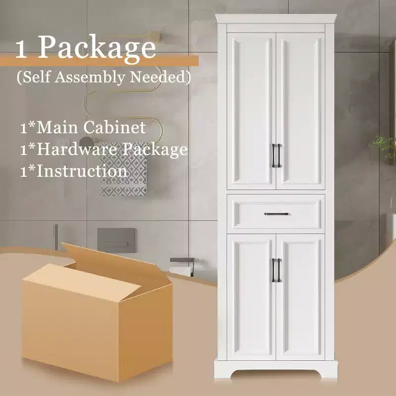 Mobiletto da bagno autoportante con cassetto, ripiani regolabili, ante con cerniere ammortizzate, finitura verniciata resistente, bianco