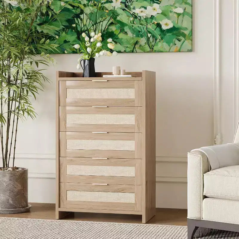 Cassettiera a 5 cassetti in rattan per camera da letto, Comò grande in legno per vestiti, Organizzatore comodino per corridoio, soggiorno