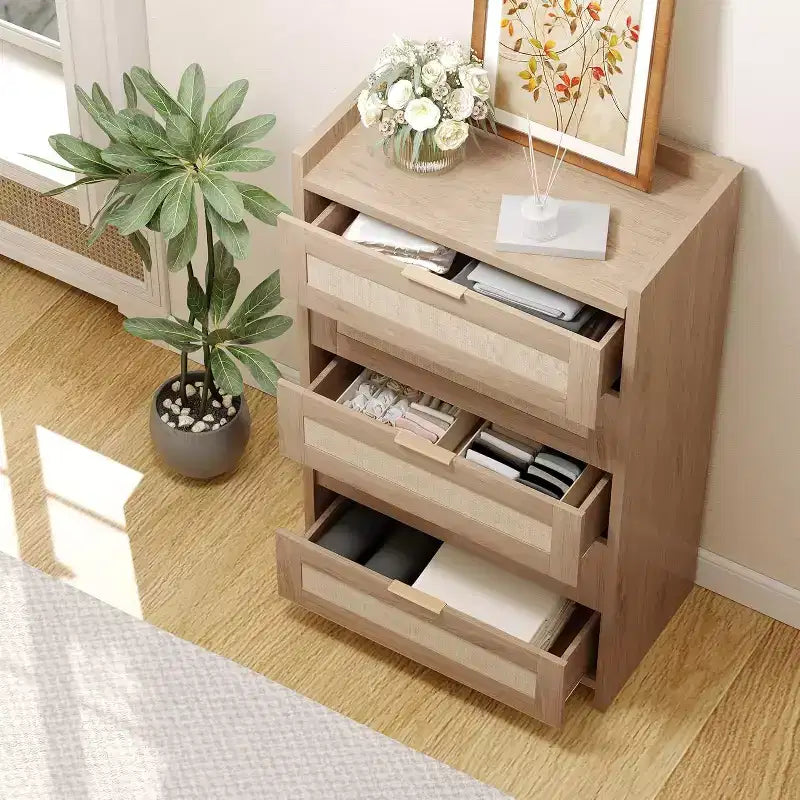 Cassettiera a 5 cassetti in rattan per camera da letto, Comò grande in legno per vestiti, Organizzatore comodino per corridoio, soggiorno