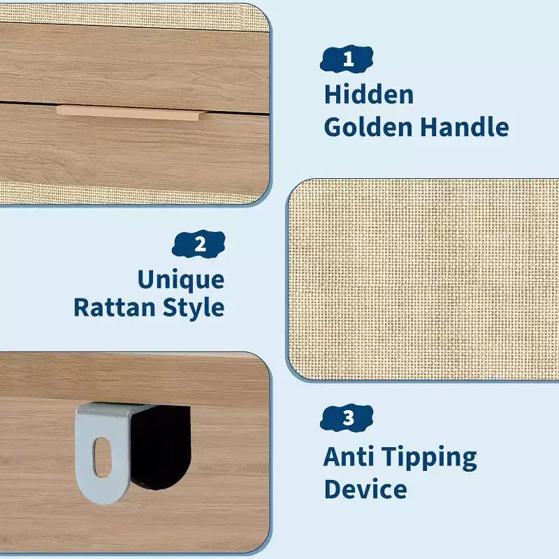 Cassettiera a 5 cassetti in rattan per camera da letto, Comò grande in legno per vestiti, Organizzatore comodino per corridoio, soggiorno