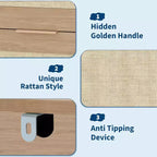 Cassettiera a 5 cassetti in rattan per camera da letto, Comò grande in legno per vestiti, Organizzatore comodino per corridoio, soggiorno