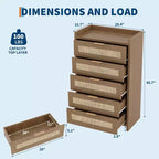 Cassettiera a 5 cassetti in rattan per camera da letto, Comò grande in legno per vestiti, Organizzatore comodino per corridoio, soggiorno