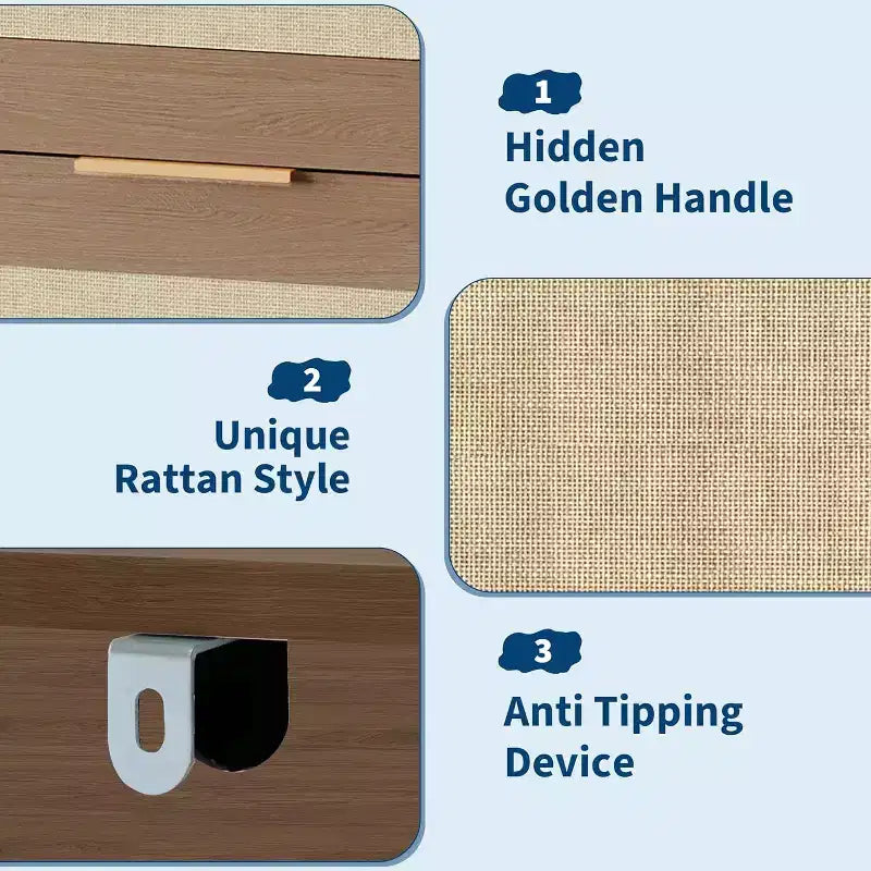 Cassettiera a 5 cassetti in rattan per camera da letto, Comò grande in legno per vestiti, Organizzatore comodino per corridoio, soggiorno