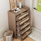 Cassettiera a 5 cassetti in rattan per camera da letto, Comò grande in legno per vestiti, Organizzatore comodino per corridoio, soggiorno