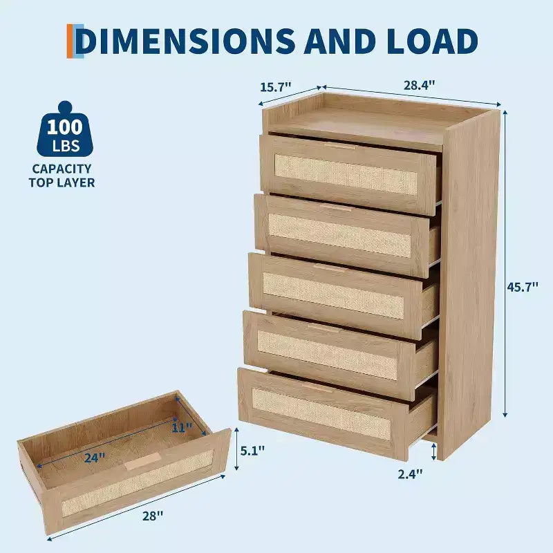 Cassettiera a 5 cassetti in rattan per camera da letto, Comò grande in legno per vestiti, Organizzatore comodino per corridoio, soggiorno