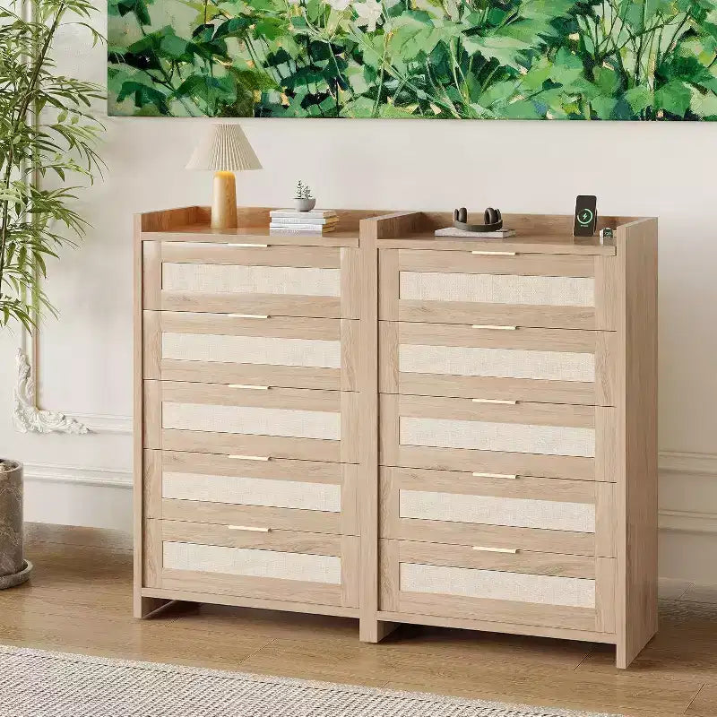 Cassettiera a 5 cassetti in rattan per camera da letto, Comò grande in legno per vestiti, Organizzatore comodino per corridoio, soggiorno