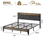 Struttura Letto Matrimoniale King con Testiera, Letto a Piattaforma Vintage con Stazione di Ricarica e Ripiano Portaoggetti, Nessuna Rete a Molle Necessaria, Grigio e Marrone