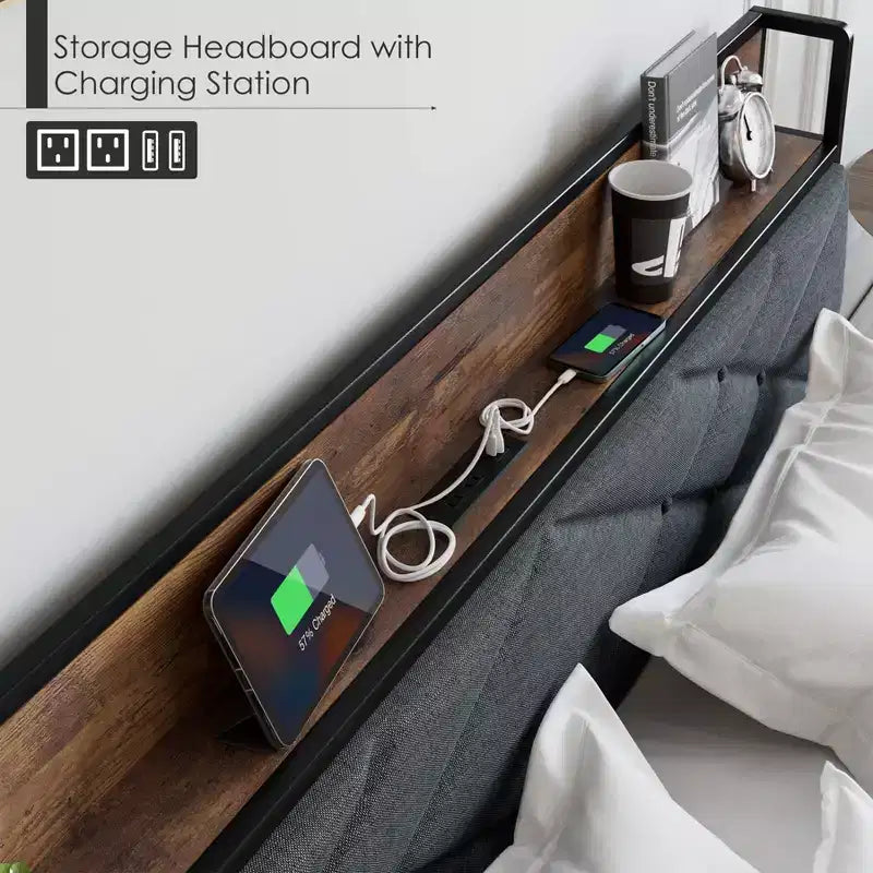 Struttura Letto Matrimoniale King con Testiera, Letto a Piattaforma Vintage con Stazione di Ricarica e Ripiano Portaoggetti, Nessuna Rete a Molle Necessaria, Grigio e Marrone