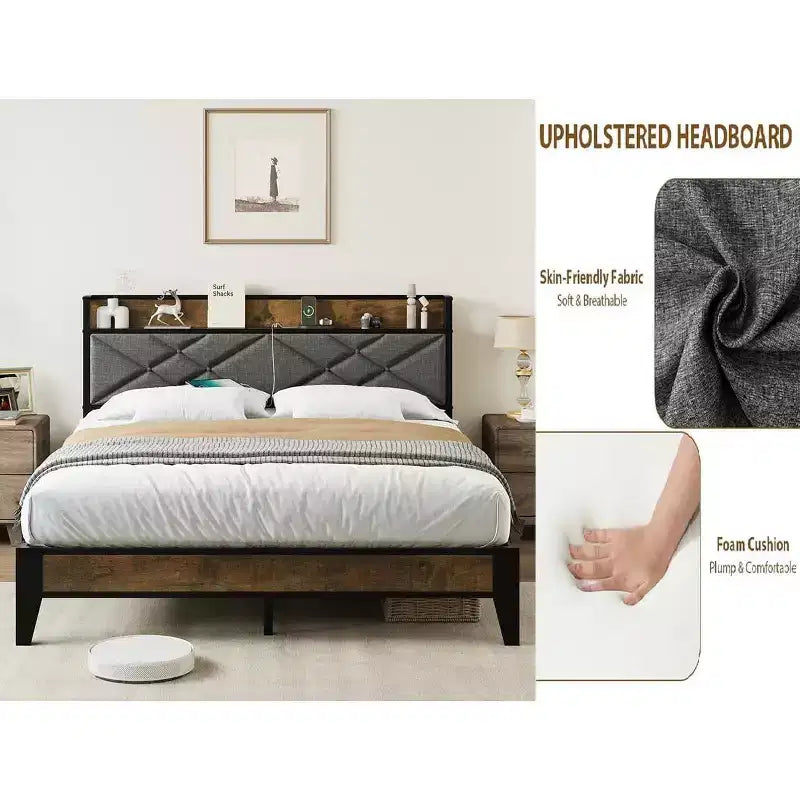 Struttura Letto Matrimoniale King con Testiera, Letto a Piattaforma Vintage con Stazione di Ricarica e Ripiano Portaoggetti, Nessuna Rete a Molle Necessaria, Grigio e Marrone