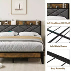 Struttura Letto Matrimoniale King con Testiera, Letto a Piattaforma Vintage con Stazione di Ricarica e Ripiano Portaoggetti, Nessuna Rete a Molle Necessaria, Grigio e Marrone