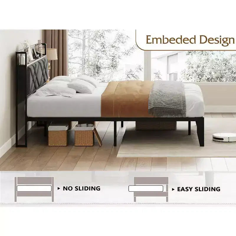 Struttura Letto Matrimoniale King con Testiera, Letto a Piattaforma Vintage con Stazione di Ricarica e Ripiano Portaoggetti, Nessuna Rete a Molle Necessaria, Grigio e Marrone
