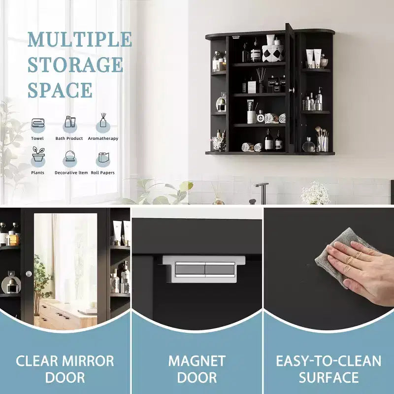 Mobiletto a specchio per bagno a parete, armadietto da bagno a parete con specchio e 6 ripiani aperti