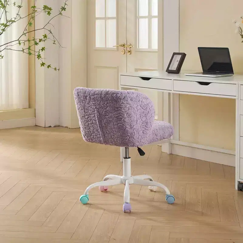 Sedia da Ufficio in Pelliccia Sintetica di Coniglio - Base in Metallo, Girevole Regolabile, Sedia da Toilette, Viola