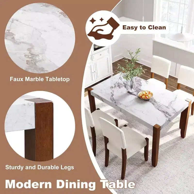 46,5 Moderno Tavolo da Pranzo Rettangolare da Cucina in Finto Marmo con Gambe in Legno di Gomma, Bianco