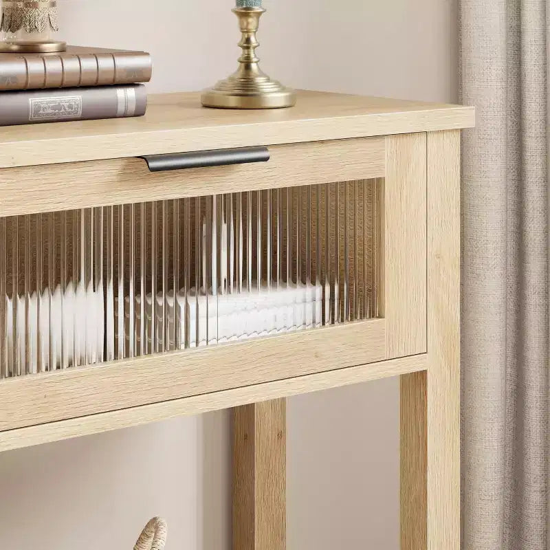 Tavolo da ingresso da 43,3'', Consolle in legno con 2 cassetti in vetro e ripiano aperto, Mobile contenitore da ingresso dietro divano, per soggiorno, corridoio