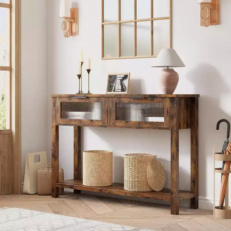 Tavolo da ingresso da 43,3'', Consolle in legno con 2 cassetti in vetro e ripiano aperto, Mobile contenitore da ingresso dietro divano, per soggiorno, corridoio