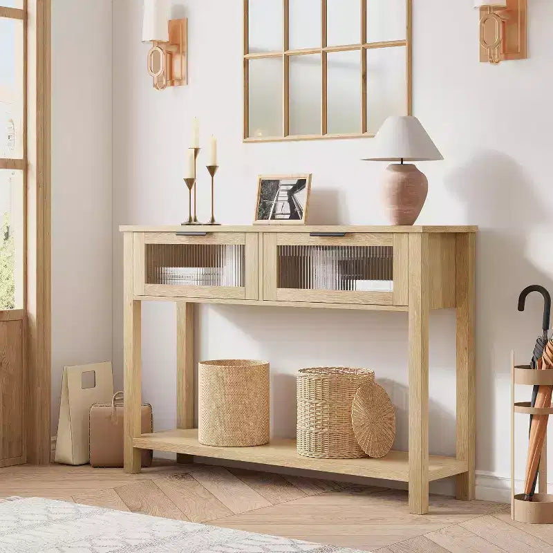 Tavolo da ingresso da 43,3'', Consolle in legno con 2 cassetti in vetro e ripiano aperto, Mobile contenitore da ingresso dietro divano, per soggiorno, corridoio