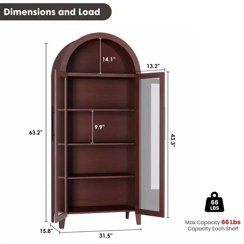 Dispensa da Cucina Ad Arco da 63,2 pollici, Scaffale a 5 Livelli con Ripiano Regolabile e 2 Grandi Ante in Vetro, per Cucina, Sala da Pranzo, Soggiorno
