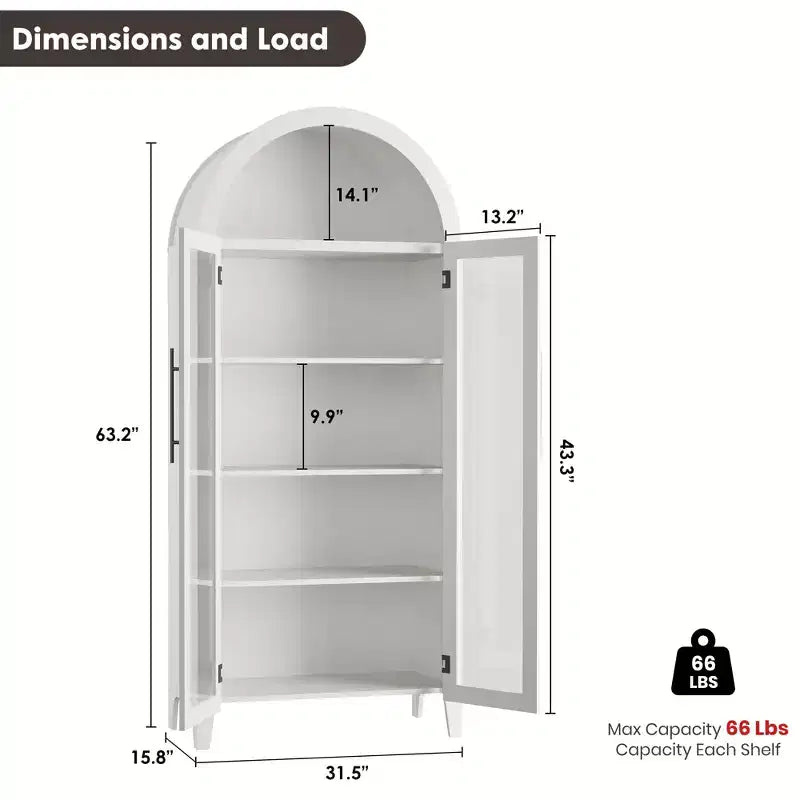 Dispensa da Cucina Ad Arco da 63,2 pollici, Scaffale a 5 Livelli con Ripiano Regolabile e 2 Grandi Ante in Vetro, per Cucina, Sala da Pranzo, Soggiorno