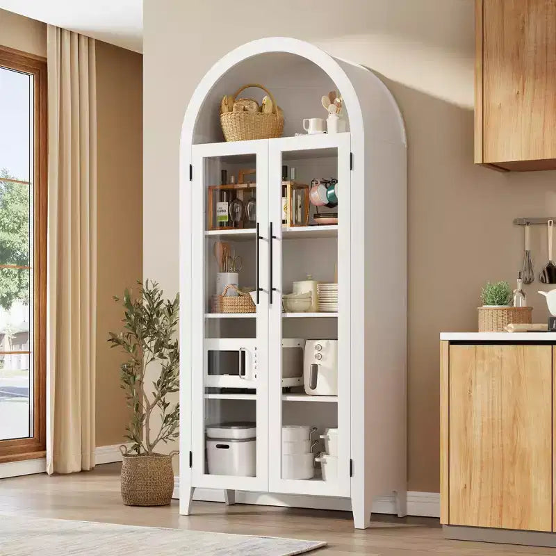Dispensa da Cucina Ad Arco da 63,2 pollici, Scaffale a 5 Livelli con Ripiano Regolabile e 2 Grandi Ante in Vetro, per Cucina, Sala da Pranzo, Soggiorno