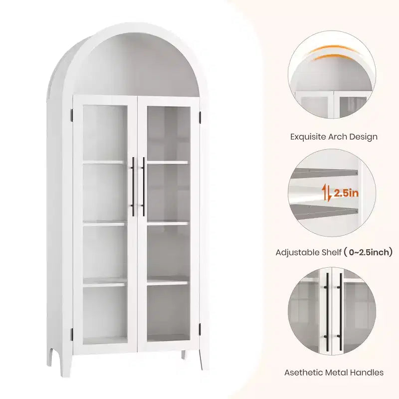 Dispensa da Cucina Ad Arco da 63,2 pollici, Scaffale a 5 Livelli con Ripiano Regolabile e 2 Grandi Ante in Vetro, per Cucina, Sala da Pranzo, Soggiorno