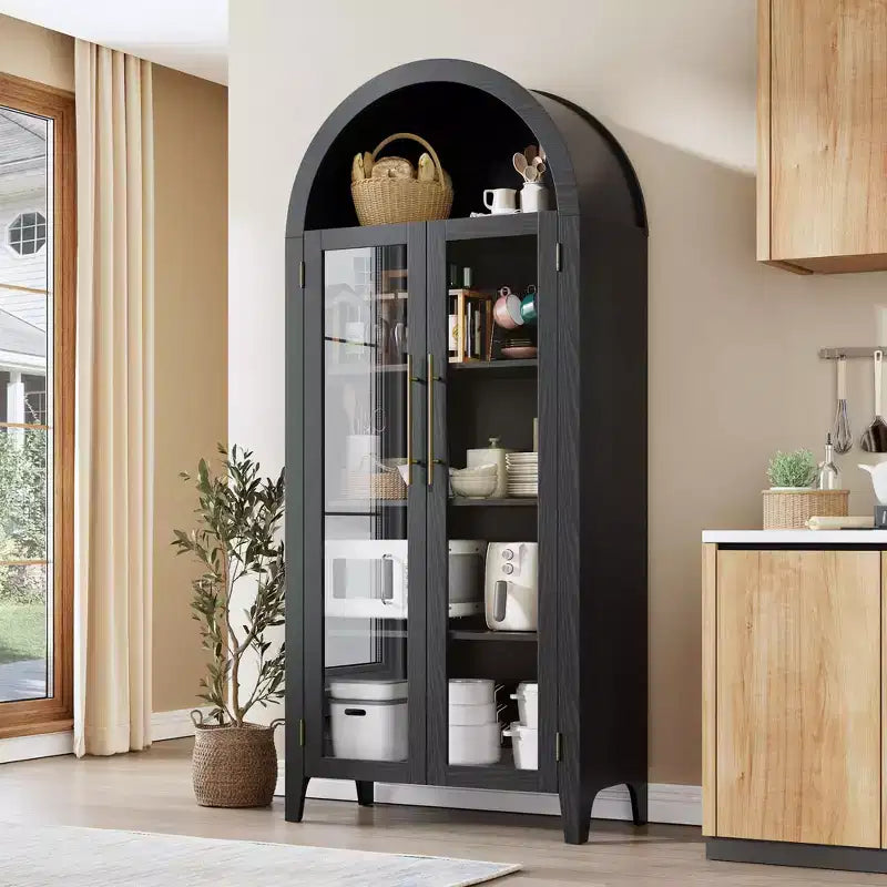 Dispensa da Cucina Ad Arco da 63,2 pollici, Scaffale a 5 Livelli con Ripiano Regolabile e 2 Grandi Ante in Vetro, per Cucina, Sala da Pranzo, Soggiorno