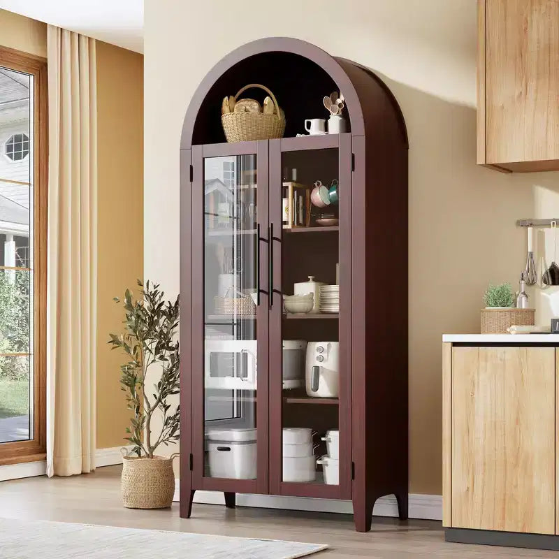 Dispensa da Cucina Ad Arco da 63,2 pollici, Scaffale a 5 Livelli con Ripiano Regolabile e 2 Grandi Ante in Vetro, per Cucina, Sala da Pranzo, Soggiorno